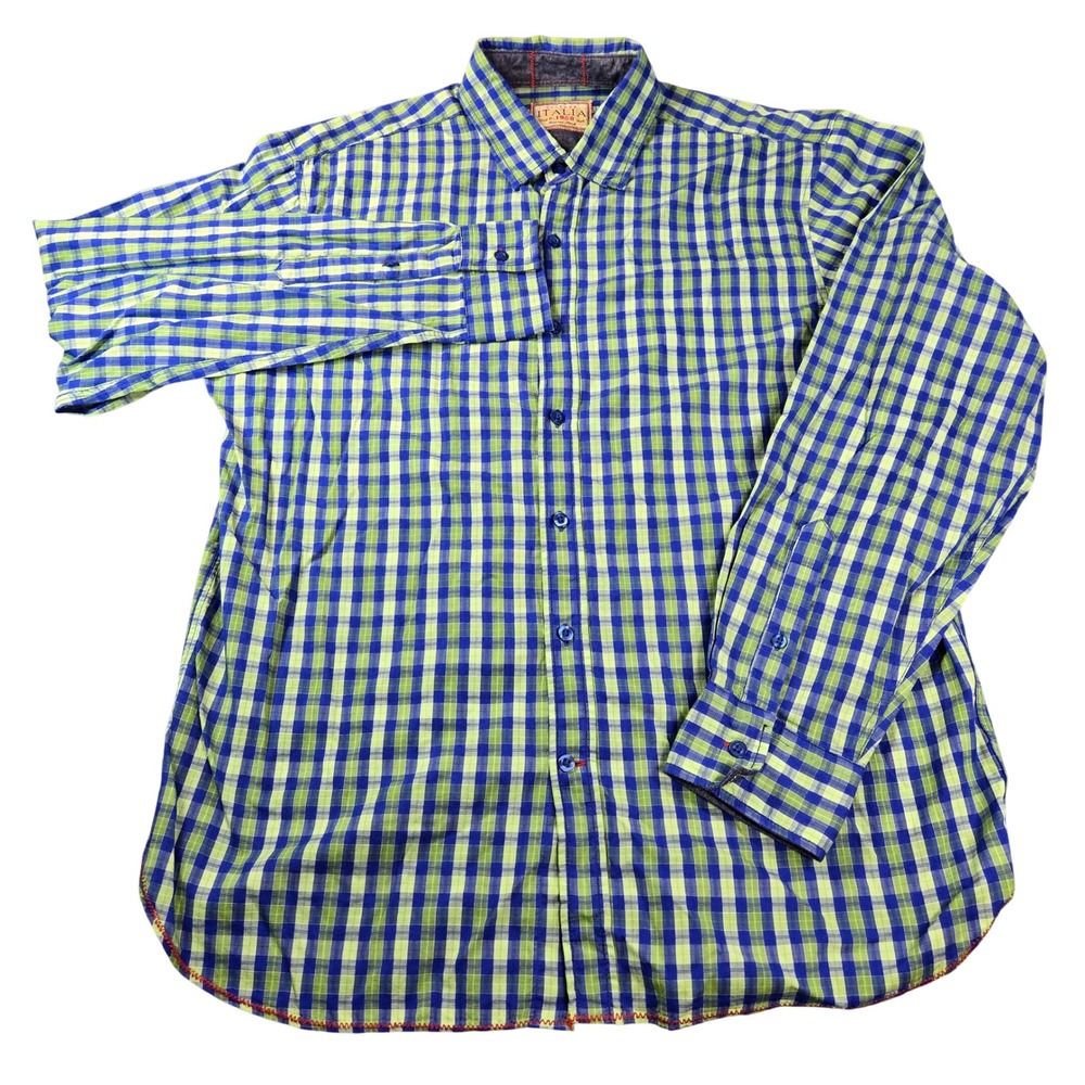 VINTAGE ITALIA Trade c.1958 Men Large Blue Green Gingham Check Button Down Shirt